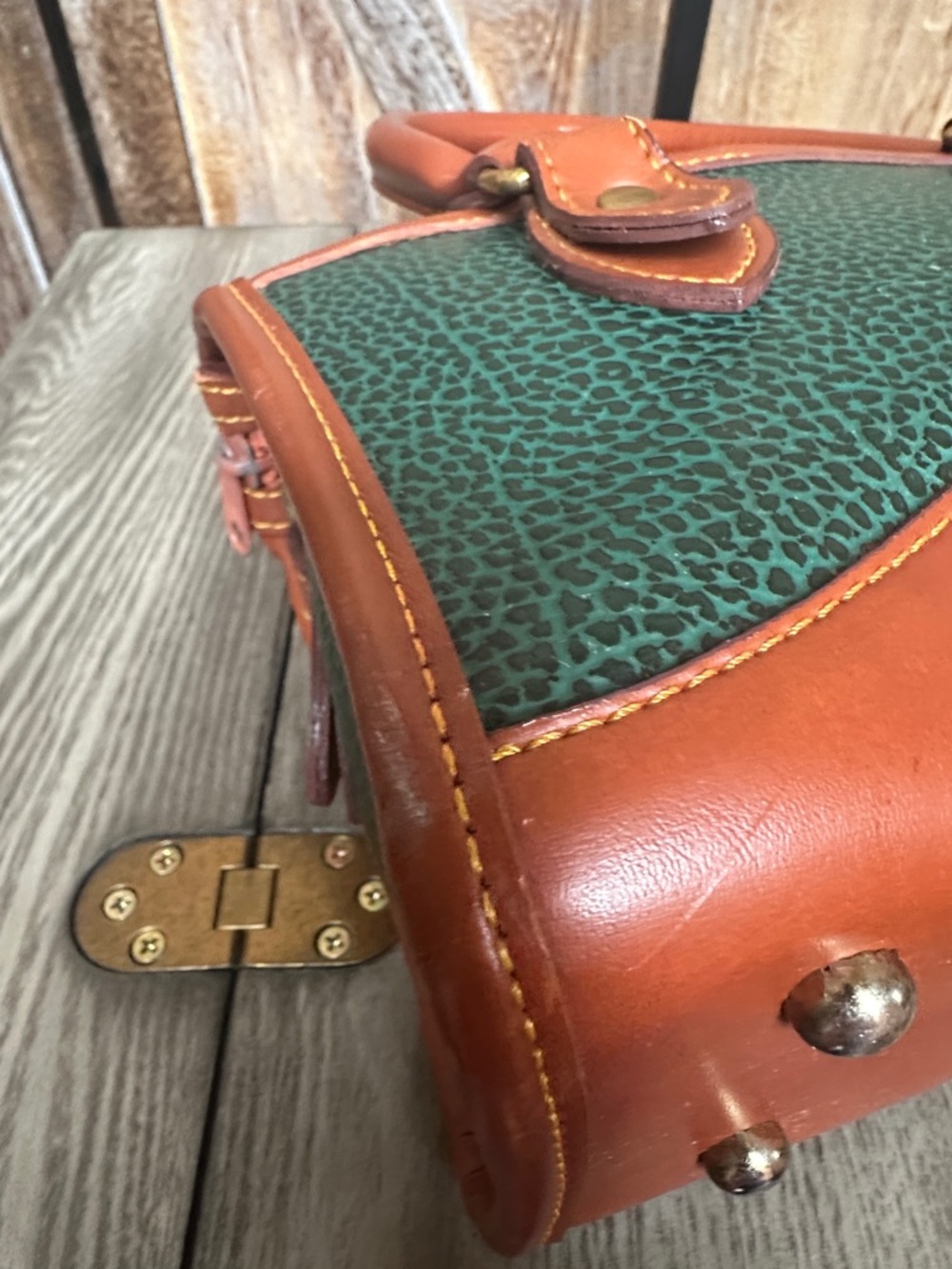 Dooney & Bourke Vintage Green and Brown Pebbled Leather Satchel Tote Handbag - Picture 6 of 14